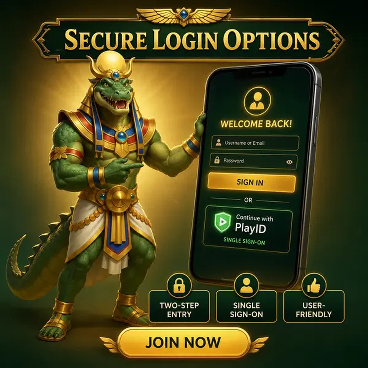 Écran de connexion du Casino AmunRa brillant tandis que le guide crocodile fait un geste vers les options de connexion sécurisées