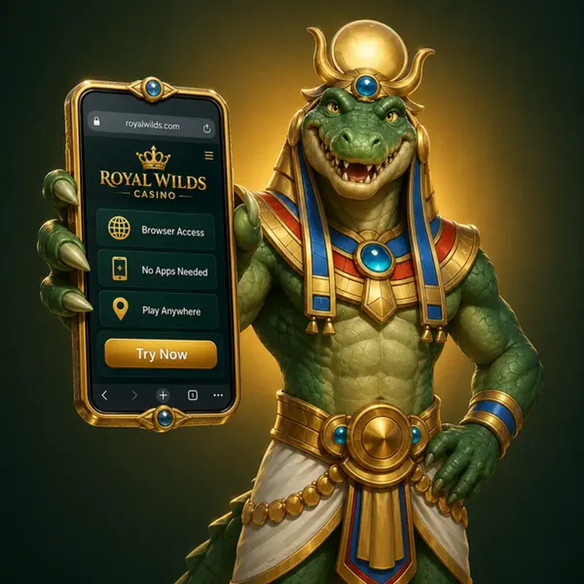 Crocodile anthropomorphe athlète présentant l'accès à l'application mobile lors de l'expérience et de la configuration du navigateur mobile