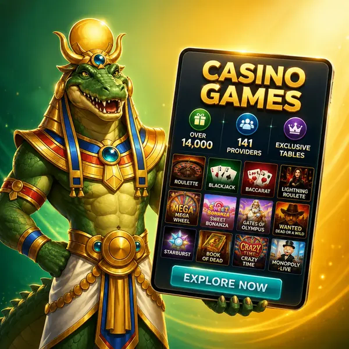 Crocodile énergique présentant la collection de jeux de casino sur tablette chez AmunRa
