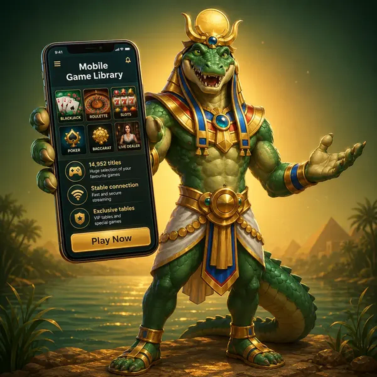 Crocodile anthropomorphe présentant l'application mobile du Casino AmunRa avec la bibliothèque de jeux sur l'écran d'un smartphone