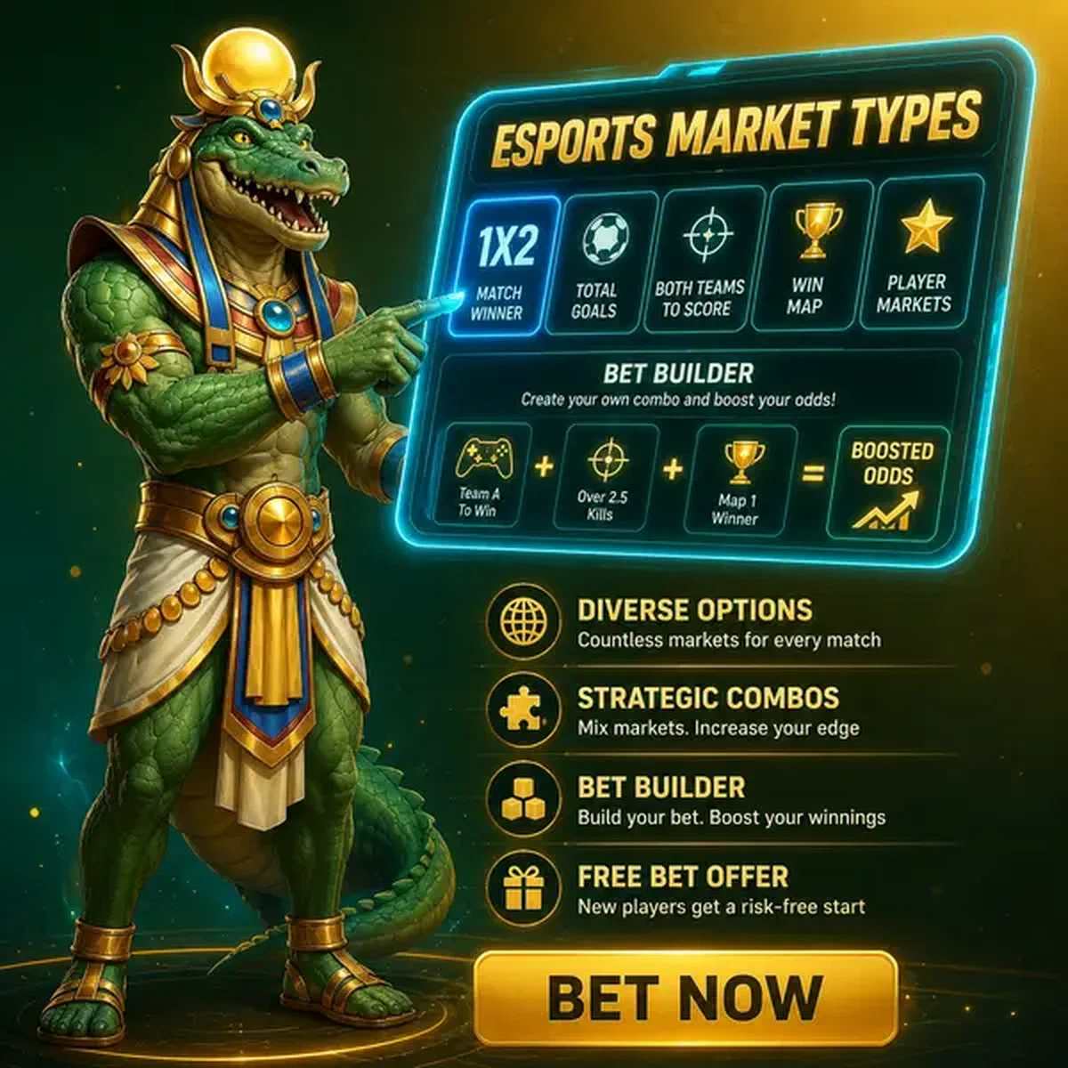 Le crocodile athlète The River présente les types de marchés disponibles sur les principaux titres esports sur un affichage holographique
