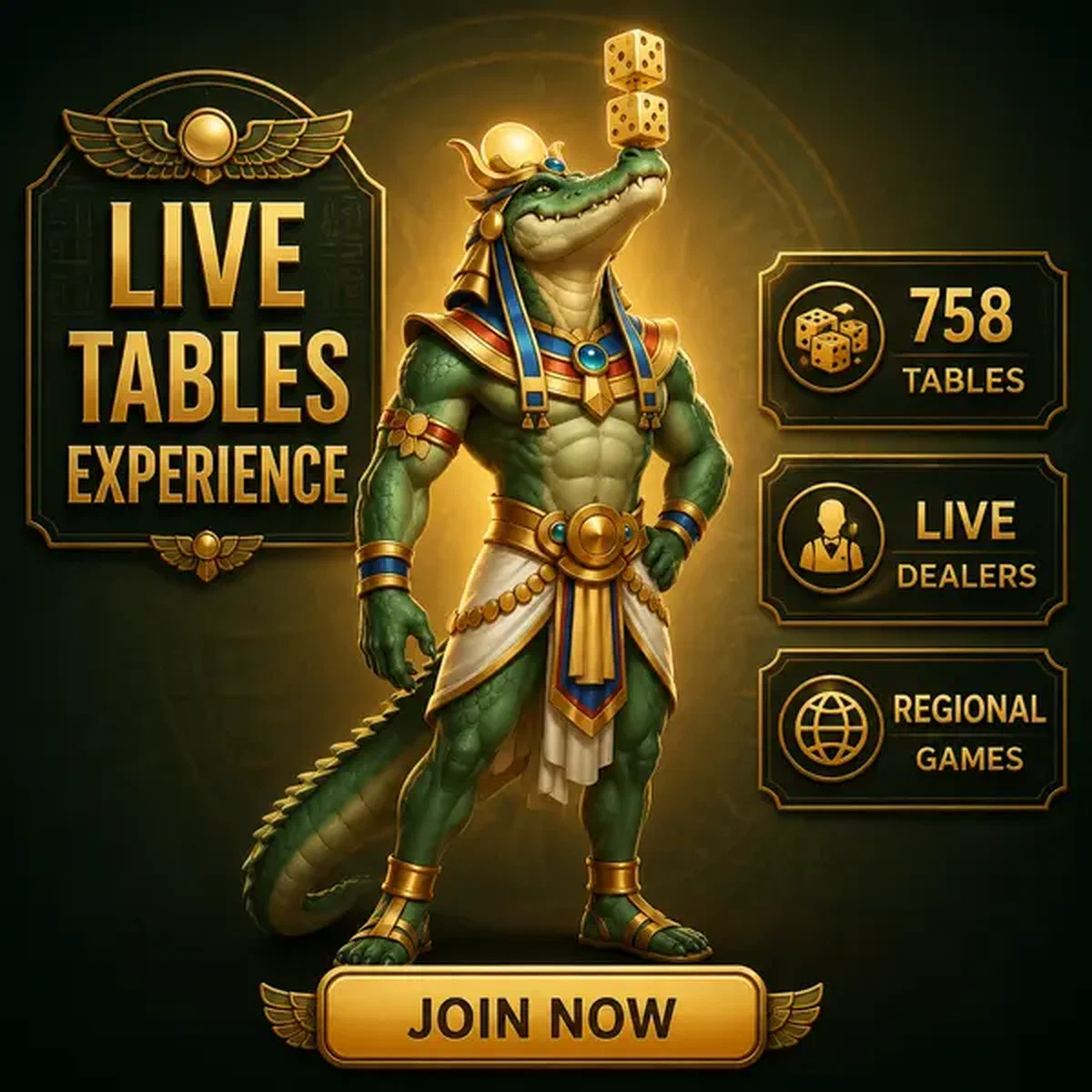 Crocodile anthropomorphe équilibrant des dés dorés sur le museau aux tables de casino en direct avec qualité de streaming
