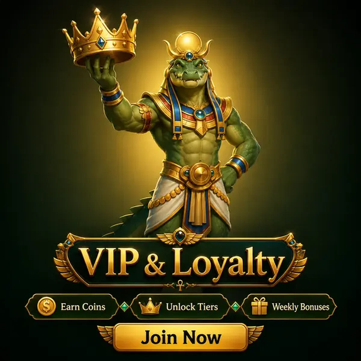 Programme de fidélité VIP AmunRa avec crocodile anthropomorphe présentant une couronne dorée pour les gros joueurs